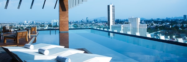 Hotel pool deck overlooking Guadalajara, Mexico.