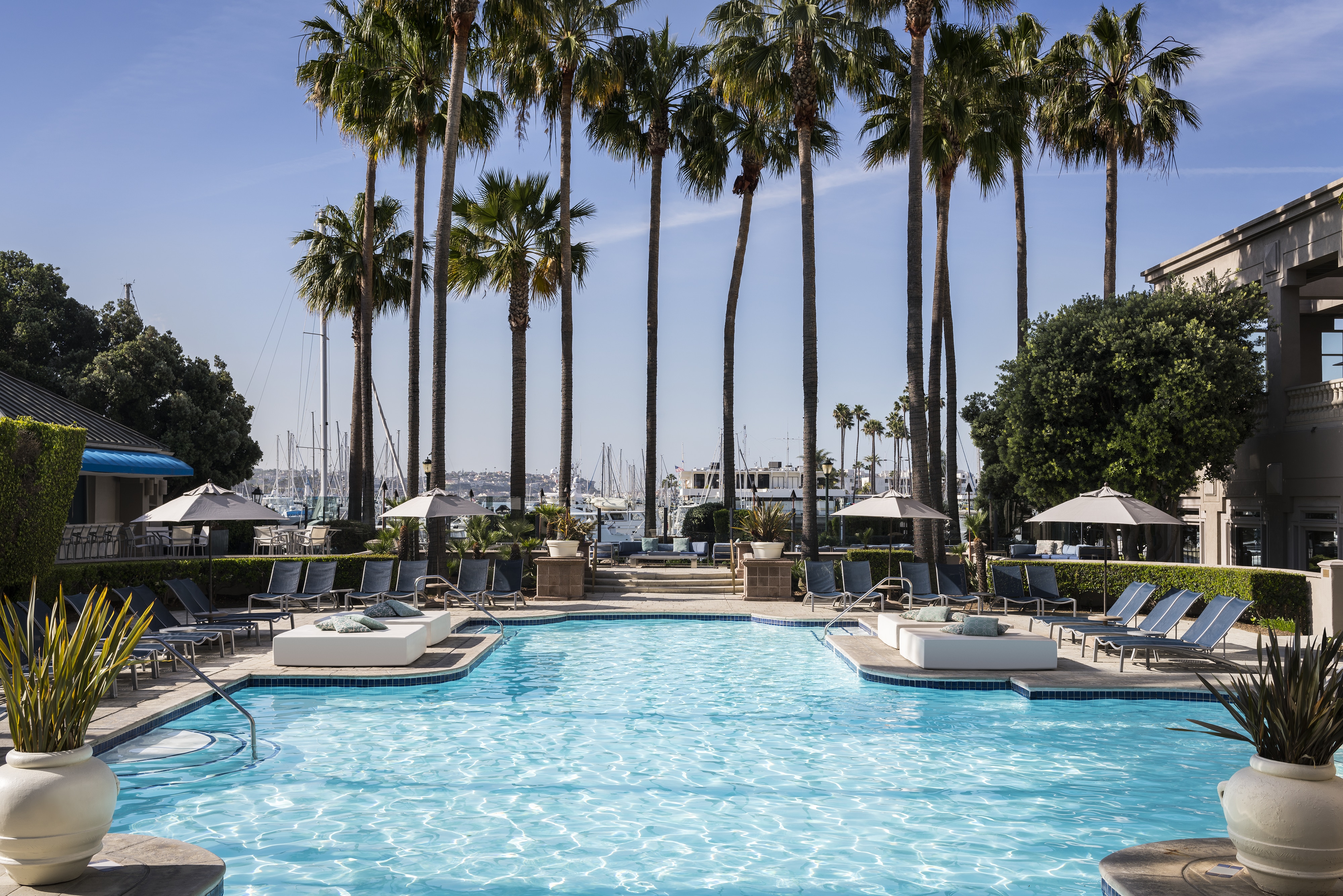 Authentic street scene of The Ritz-Carlton, Marina del Rey catching its waterfront elegance and modern design