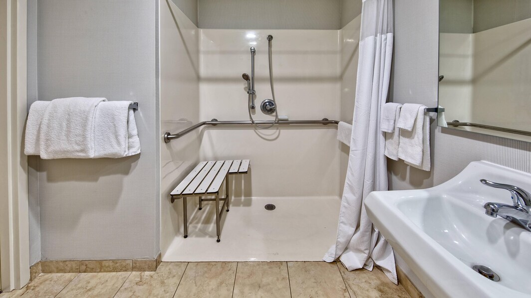 Salle de bains avec douche accessible en fauteuil roulant