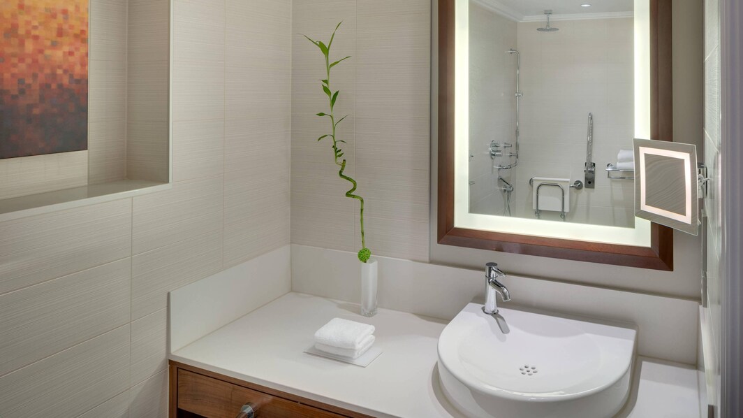 Banheiro do quarto para hóspedes com mobilidade reduzida – Chuveiro para cadeira de rodas