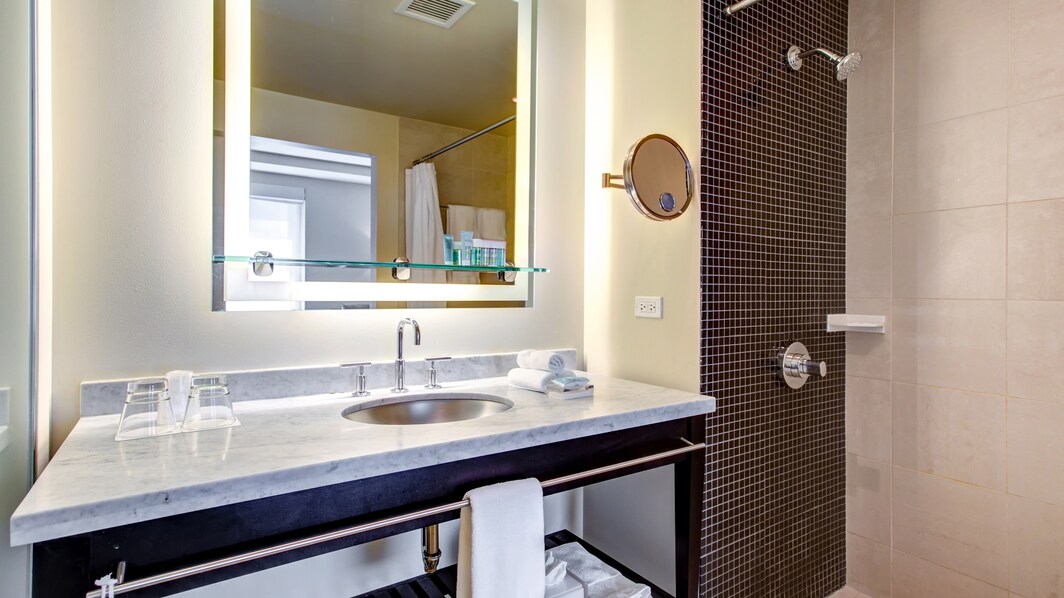 Ванная комната в номере Mega c двумя двуспальными кроватями (Double) – безбарьерный душ