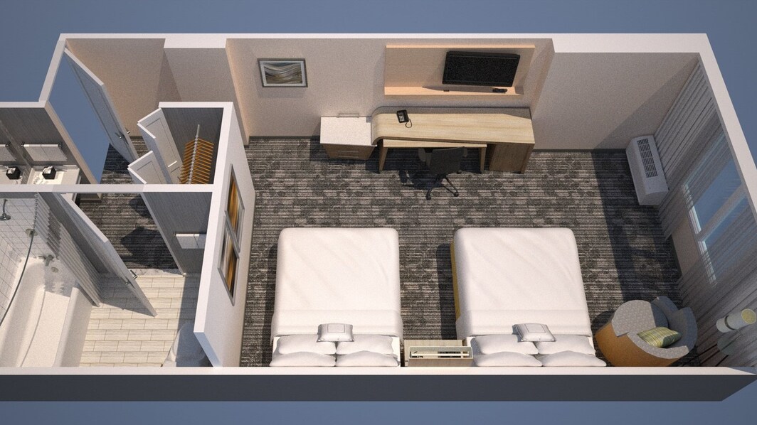 Grundriss eines Gästezimmers mit zwei Queensize-Betten