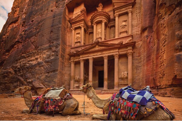 Camels resting in front of ancient building