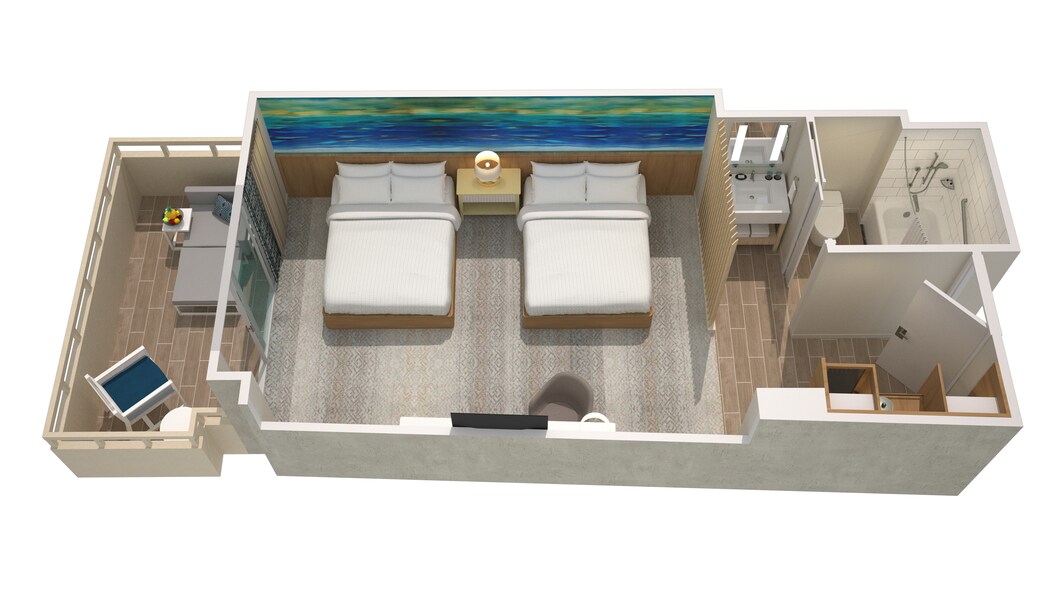 Habitación con dos camas dobles frente al mar en piso superior