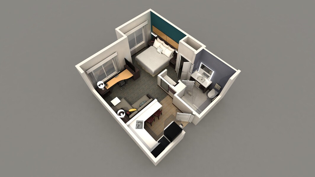 A 3D rendering of our well-appointed Studio King Suite