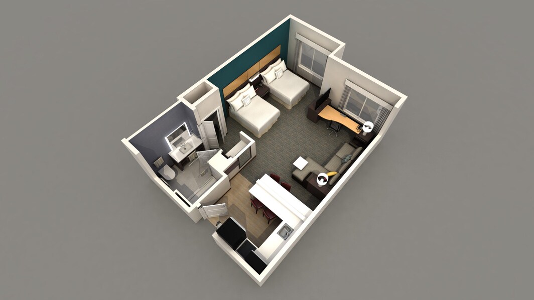 Representación 3D de la suite Studio con dos camas Queen bien equipada