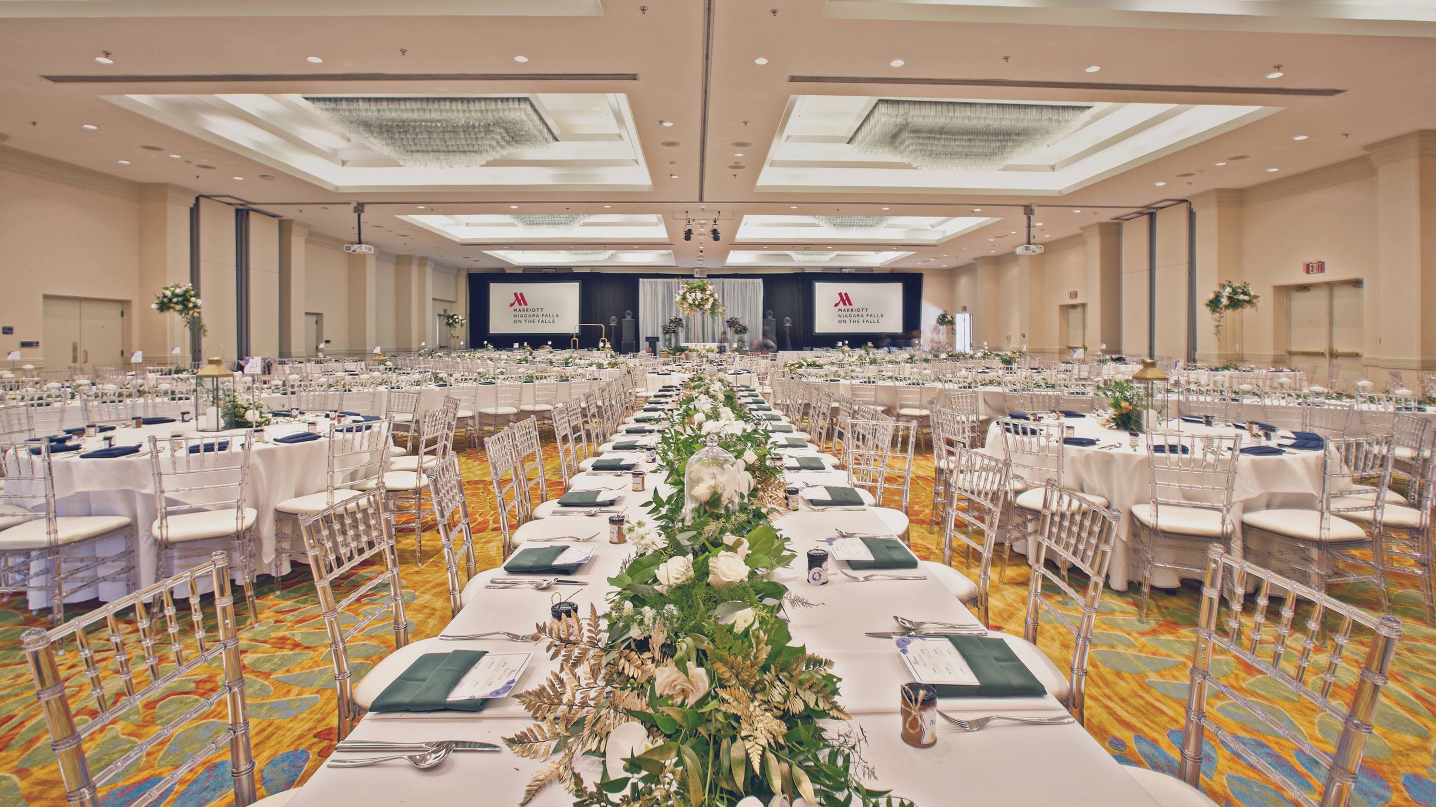 Wedding reception in large banquet room.