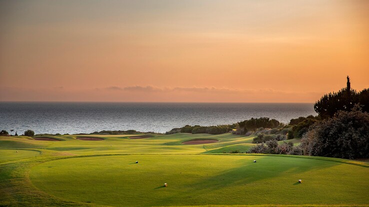 Golf course tee box overlooking fairway and ocean in the distance.