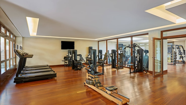 Fitness center with treadmills, rowing machine and other equipment.