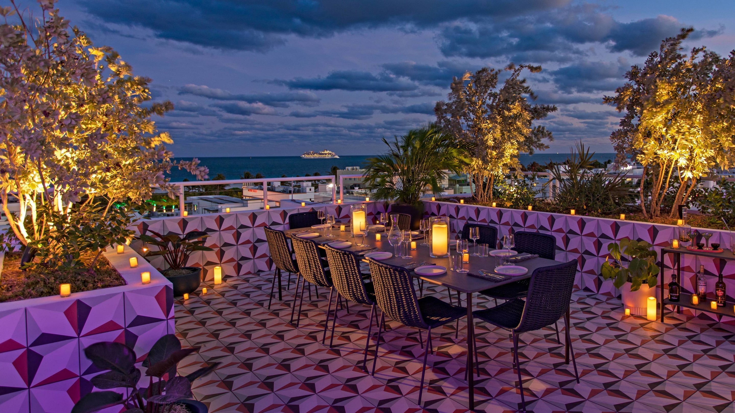 The upside rooftop bar and private dining area with colorful design and stunning view. 