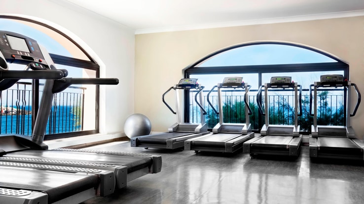 Small gym with treadmills situated for window view of the sea.