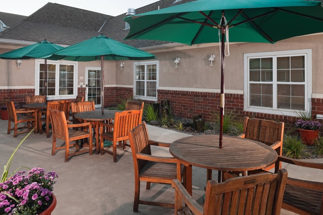 Outdoor Patio with Tables, Chairs and Umbrellas