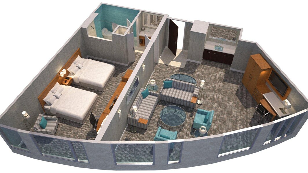 Plano de planta 3D de la suite de un dormitorio con dos camas Queen