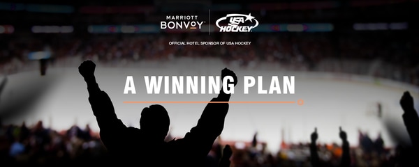 Silhouetted ice hockey fan celebrating with arms aloft, with Marriott Bonvoy text overlay