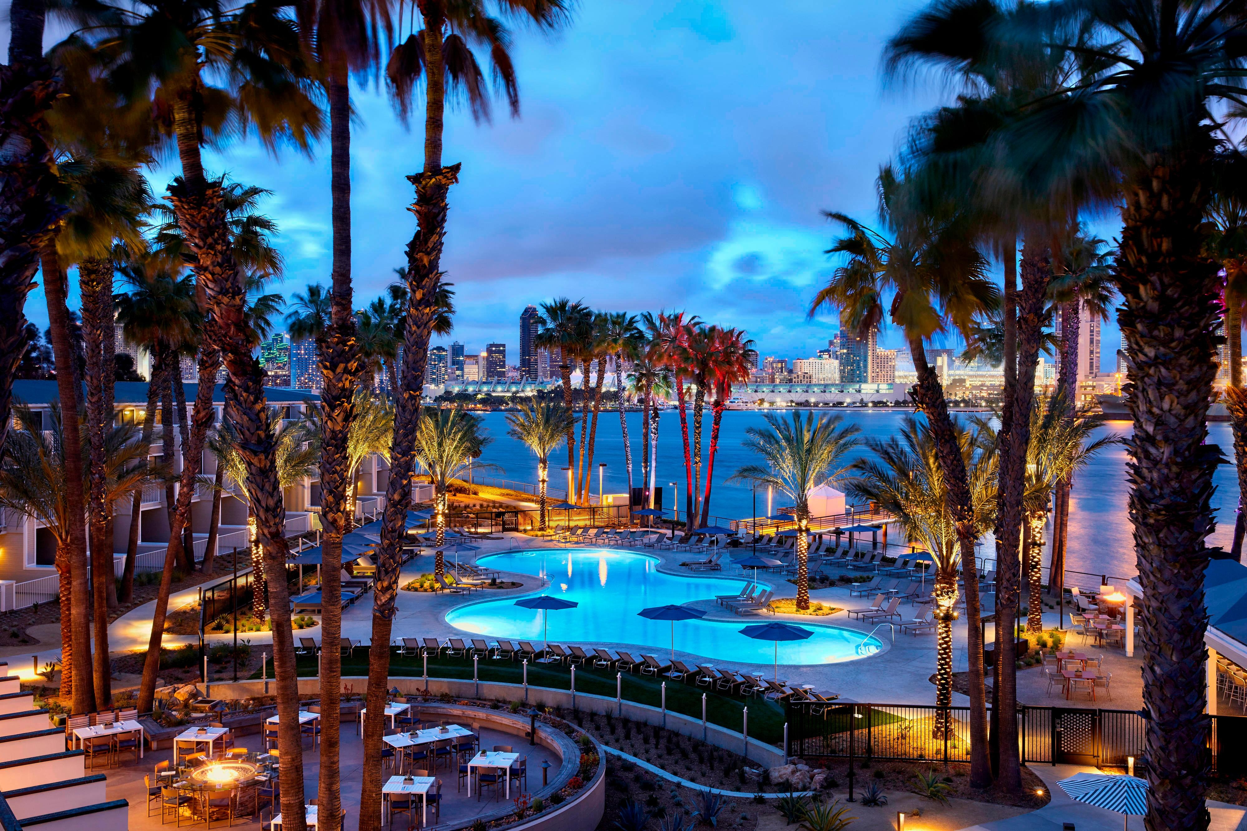 Outdoor pool with palm trees and city view