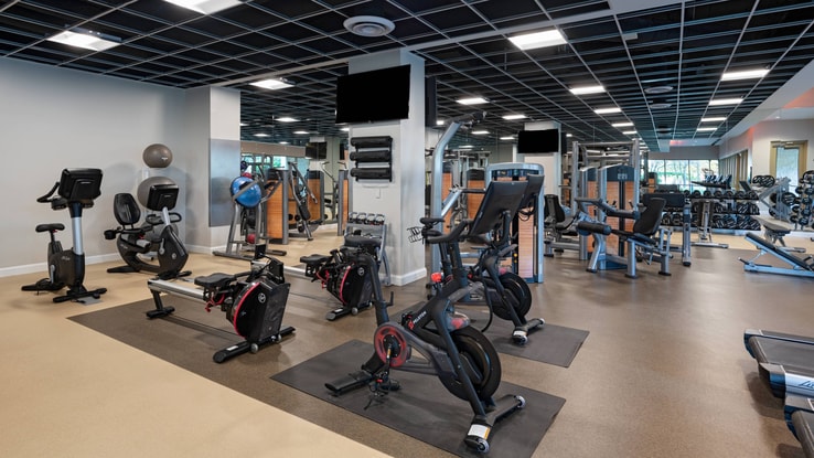 Several exercise bikes sit in a closer alcove set aside from the considerably large gym filled with other equipment and featuring TVs on its walls.
