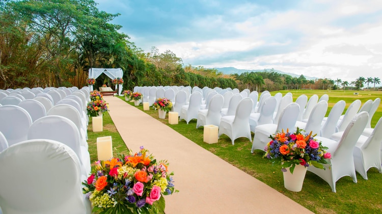 Outdoor Wedding setup with white chairs and red flowers.