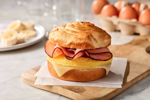 Egg, Ham and Cheese on a Croissant Roll.