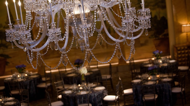 Palm Court Ballroom viewed from above through a chandelier.