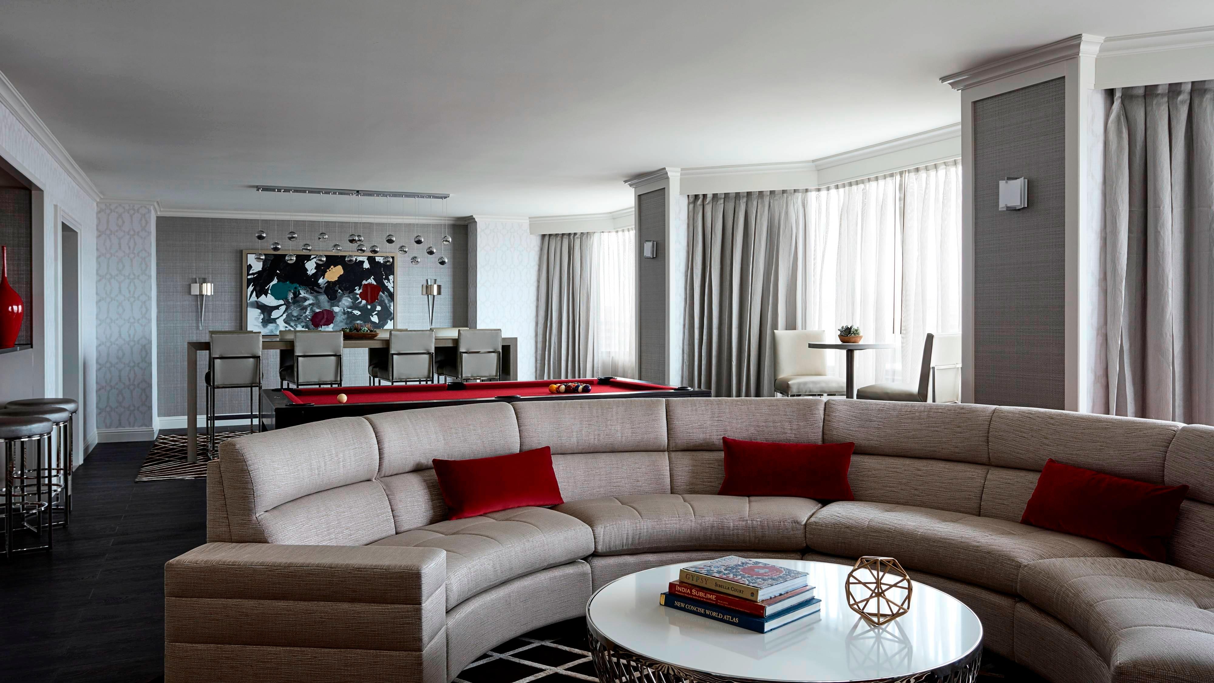 Living room couch and pool table