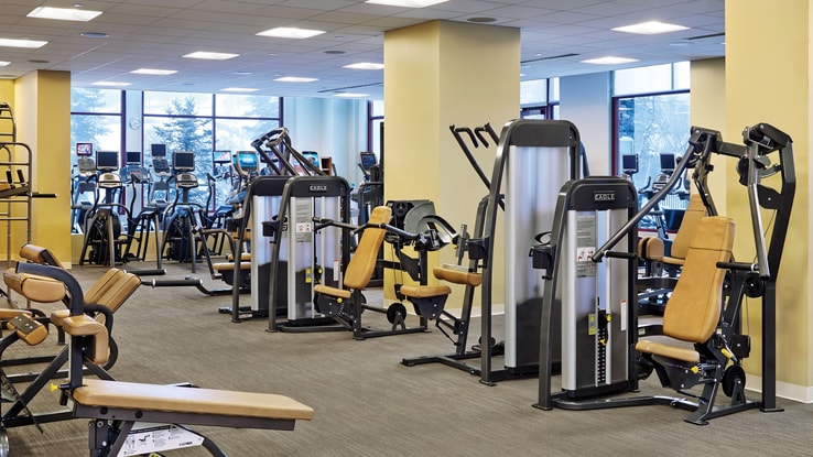 Larger gym with spacious workout areas and varied equipment options set between the room's columns. 