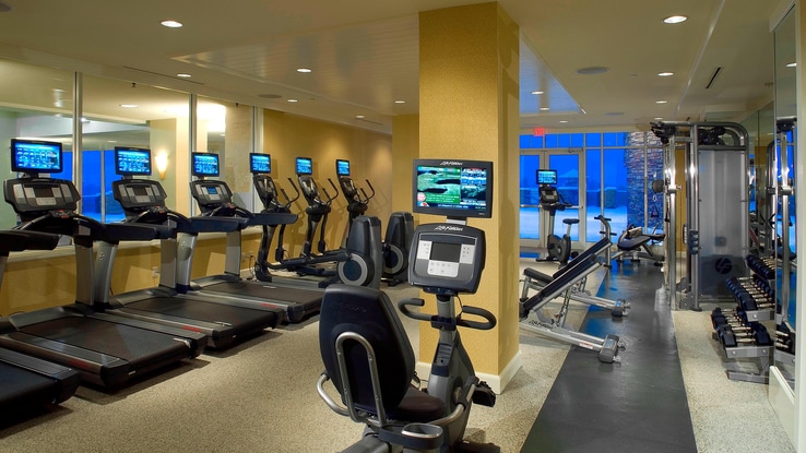 Fitness centre with treadmills, an exercise bike, and weightlifting equipment