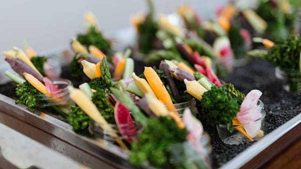 Crudité cups on a serving tray