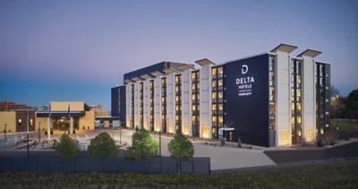 Delta Hotels exterior at dusk