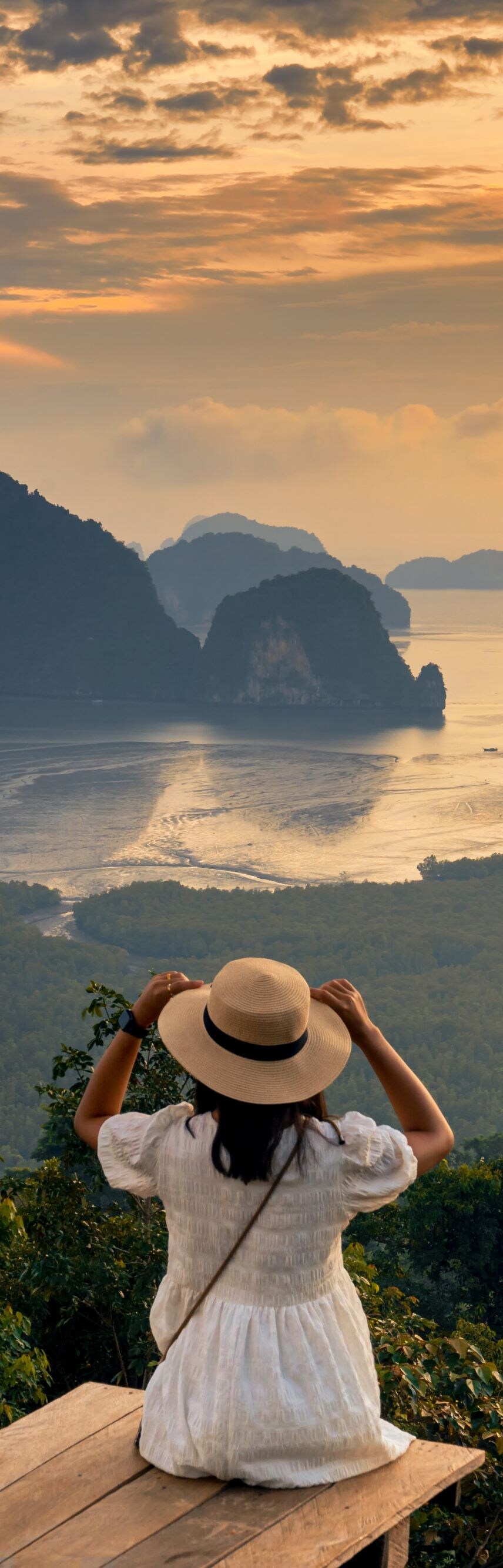 Landscape of limestone karsts in Phang nga bay at sunrise. Unseen place of "Samed Nangshe" or "Samet Nangchee" in Phang Nga province, Thailand.