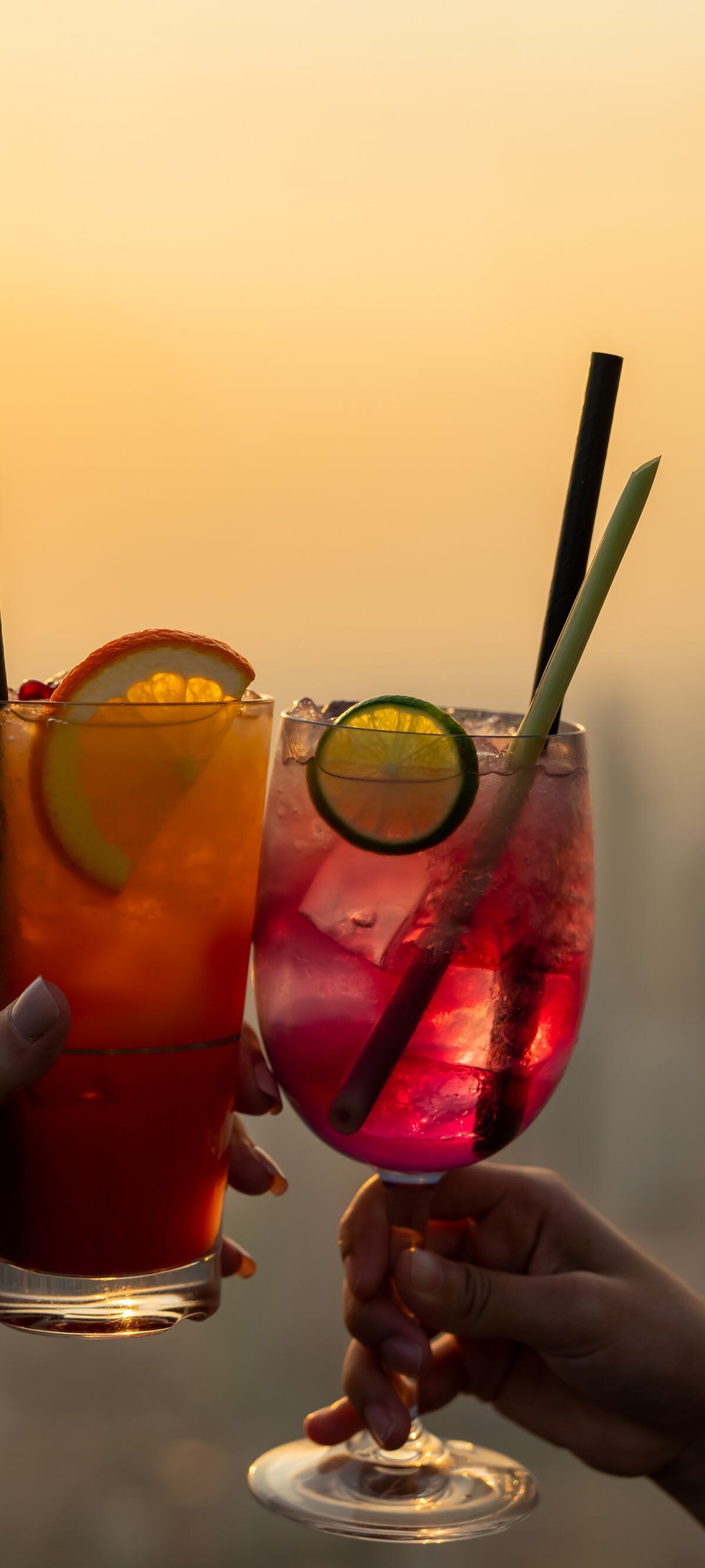 Asian woman friends drinking cocktail together at skyscraper rooftop restaurant in the city at summer sunset.