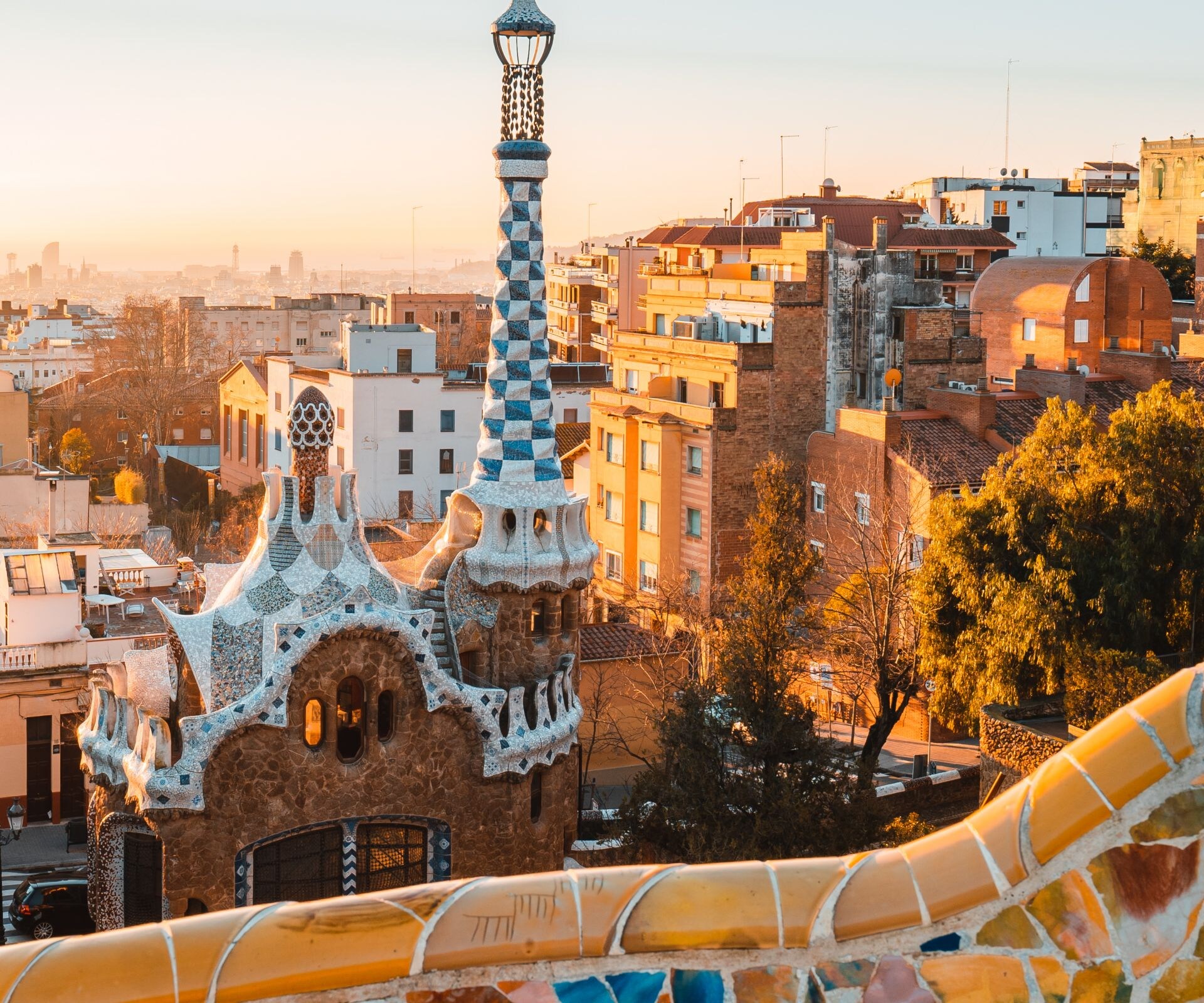 Barcelona at sunrise viewed from park Guell, Barcelona, Catalonia, Spain.