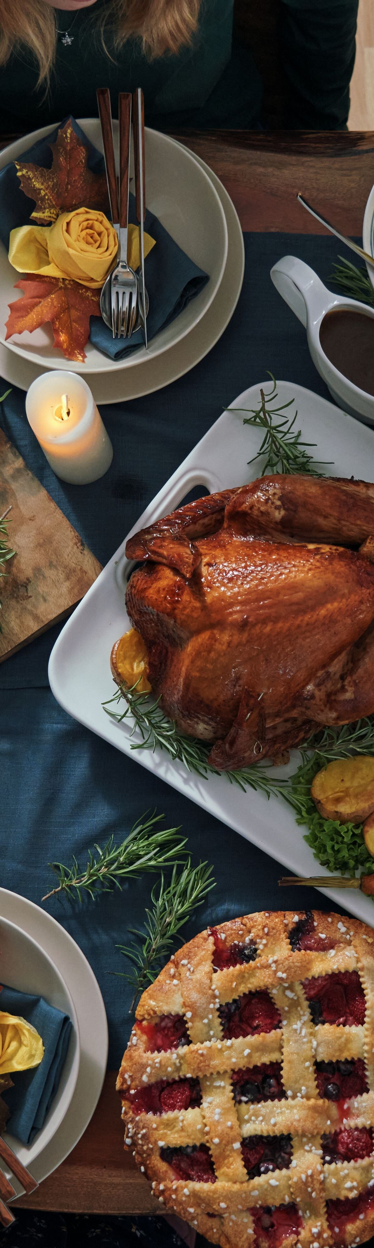 Stuffed Turkey for Thanksgiving Holidays with Pumpkin, Peas, Pecan, Berry Pie, Cheese Variations and Other Ingredient