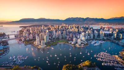 Beautiful aerial view of downtown Vancouver skyline, British Columbia, Canada at sunset