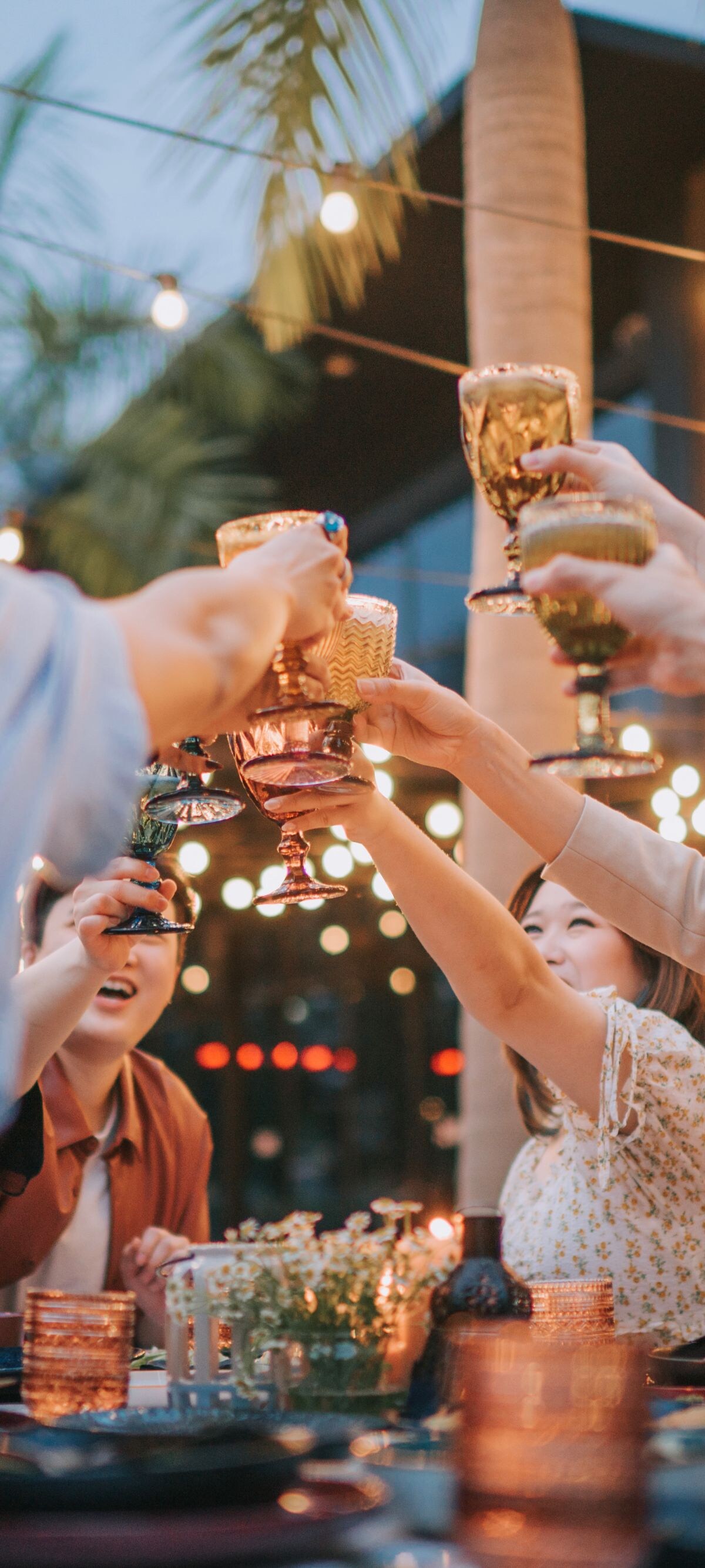 Close up Asian Chinese Friends Celebration Toasting Outdoor Dining