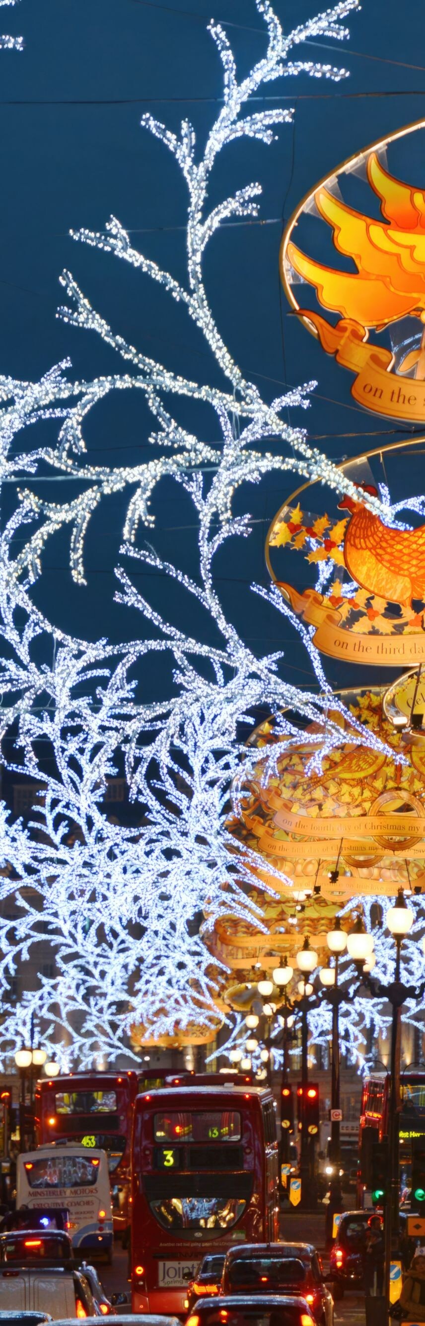 "Turtle Dove, The Twelve Days Of Christmas, Christmas Decoration, Lighting Equipment, Christmas Lights, Double-Decker Bus, Regent Street, London - England, Street Light, Illuminated, Retail, England, UK, Store, Christmas, christmas shopping, West End, 2012"