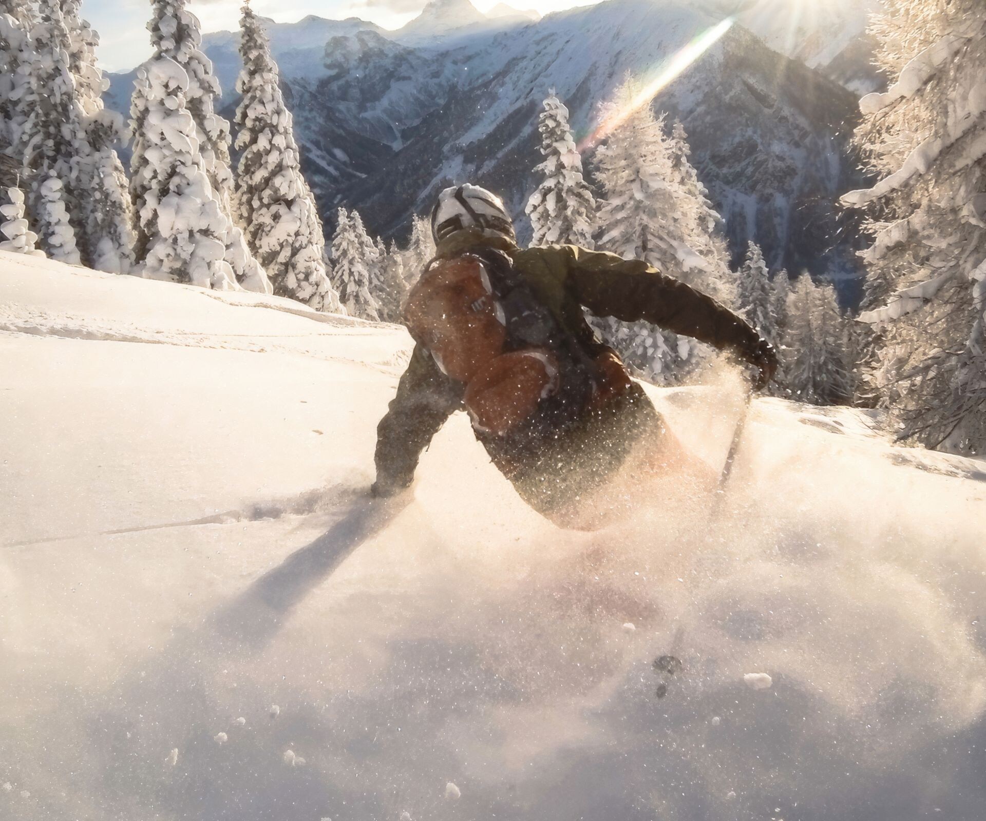 one person, men, adults, skiing, powder skiing, skier, healthy lifestyle, sports, leisure activity, extreme sports, vitality, speed, alps, zauchensee, austria, carefree, freedom, agility, winter sport, moving down, exhilaration, mountains, mountain range, trees, motion, snow, cold temperature, full length, on the move, rear view, horizontal, outdoors, day, real people, caucasian ethnicity, young men, 25-29 years, one man only, only men, one adult only, only adults