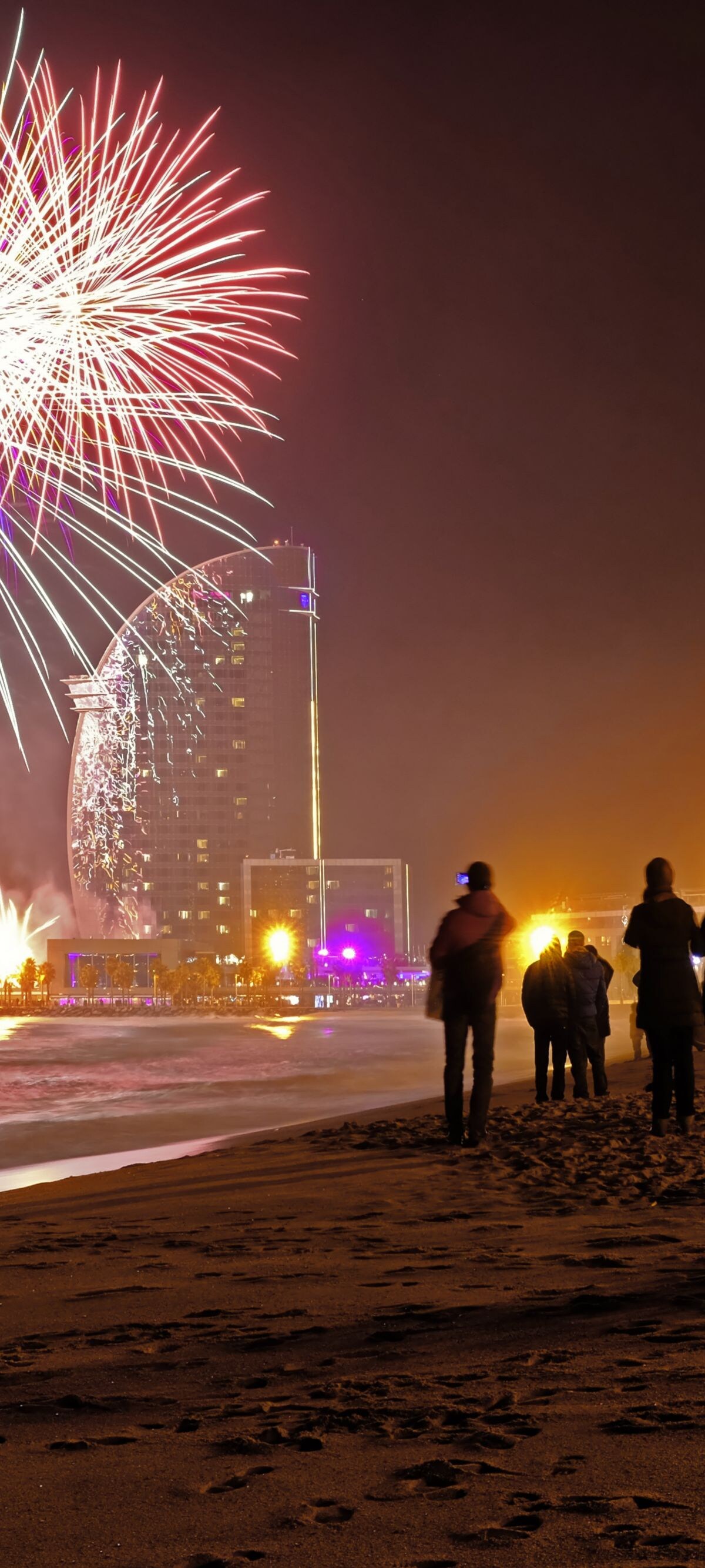 Barcelona - fireworks on the beach of La Barceloneta at new years eve (Catalonia/ Spain)