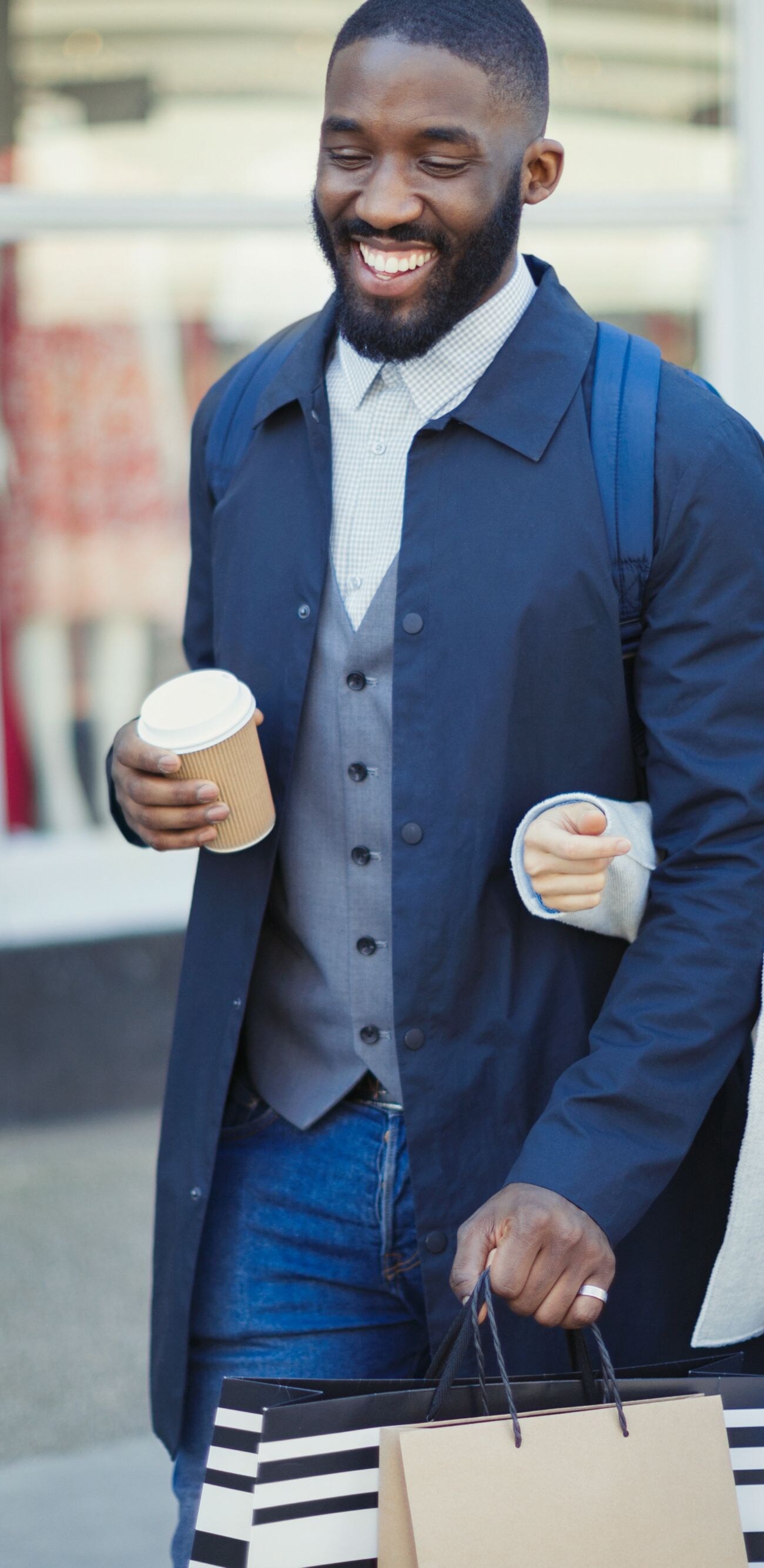 affection, coffee, consumer, enjoying, happy, lifestyle, london, man, millennial, shop, shopper, storefront, together