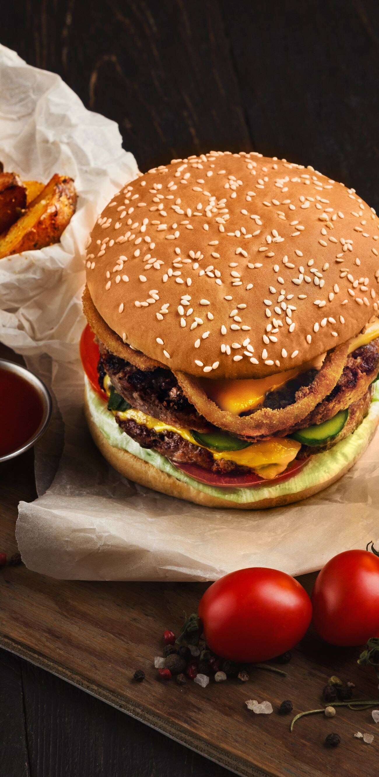 Fast food restaurant dish. Hamburger and fries wedges