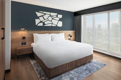 Modern bedroom with king bed and large window