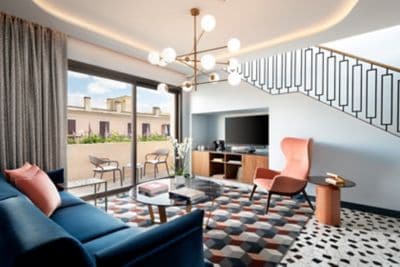 sofa, chair, patio view, staircase