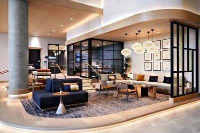 Raised platform in lobby with lounge seating 