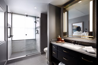 Bathroom with walk-in shower and large vanity