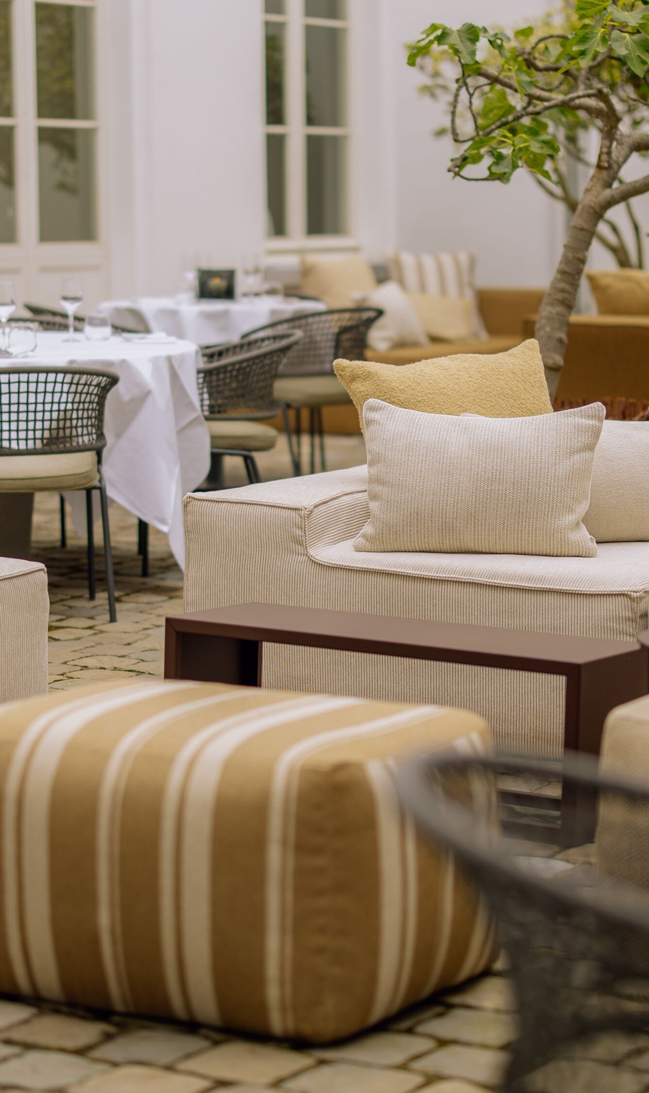 A quiet and refined patio scene
