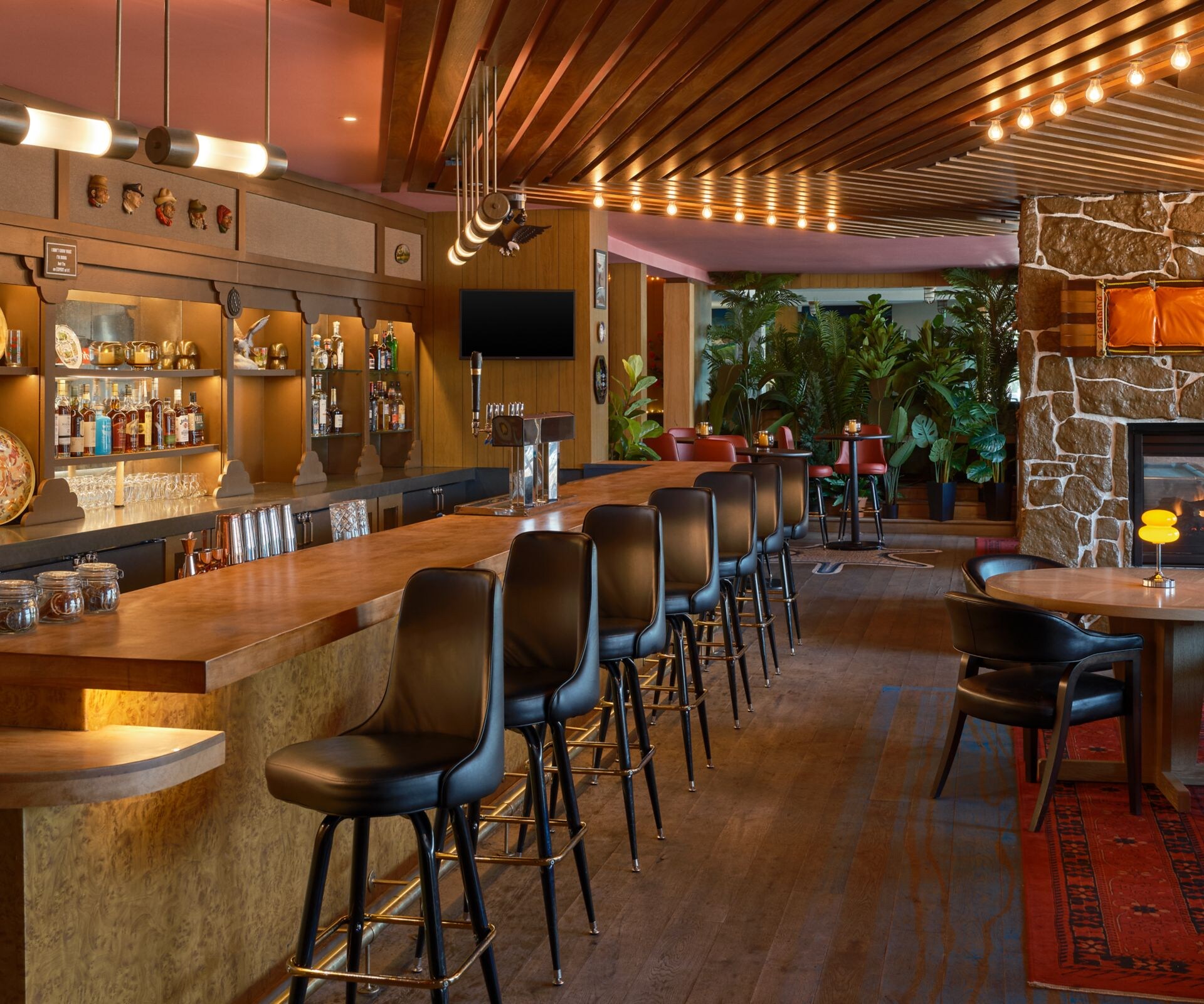 Bar and lounge seating with fireplace