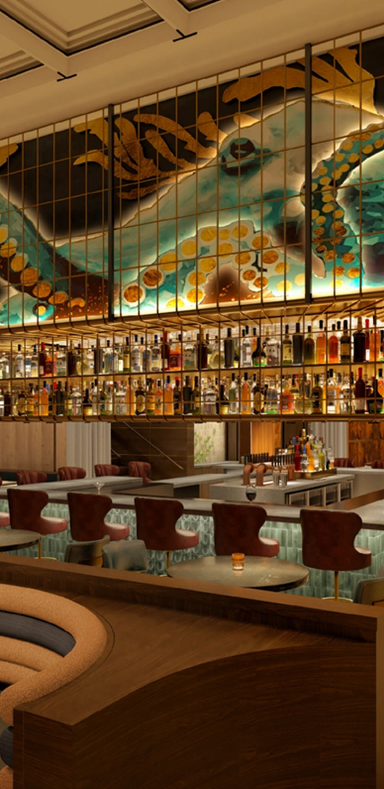 bar and stools with octopus artwork above