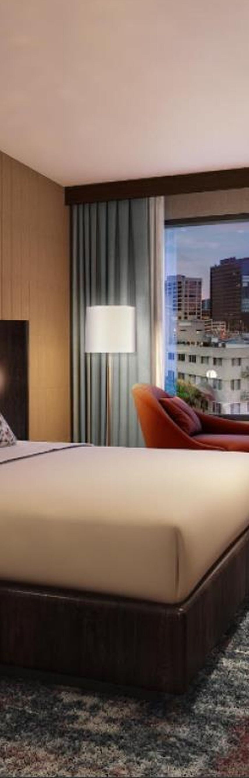 King guest room rendering with view of downtown