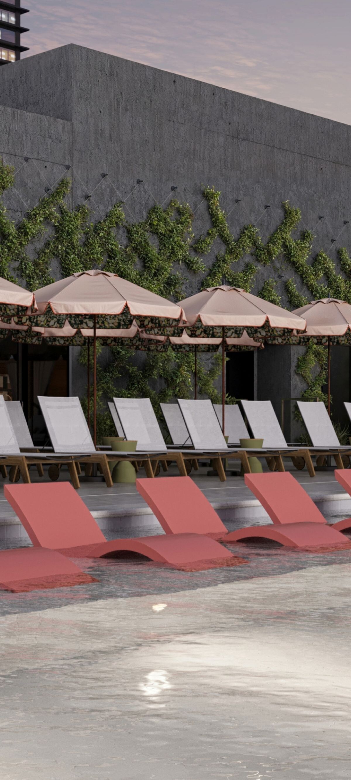 Chairs and cabanas surrounding an outdoor pool