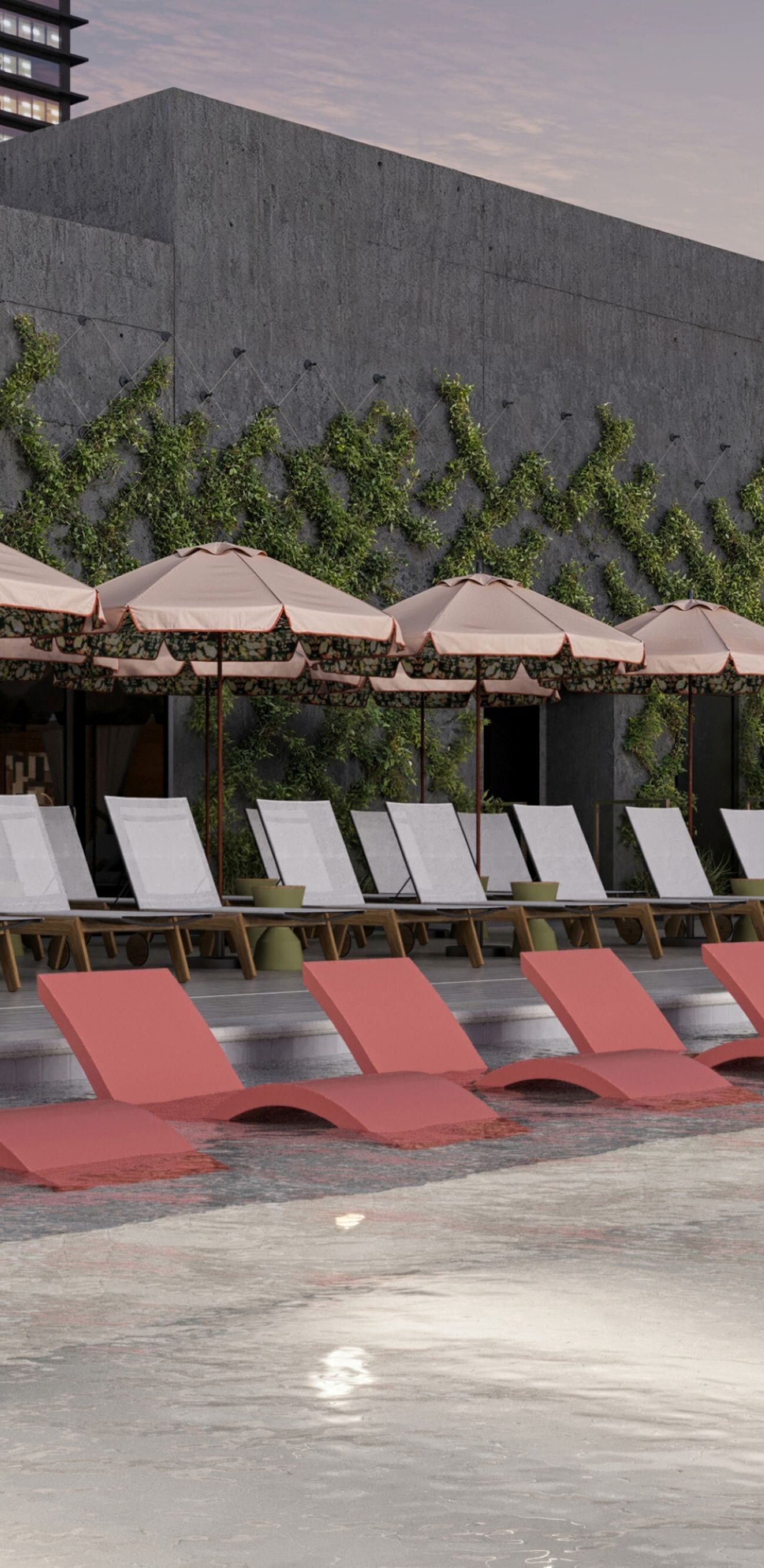 Chairs and cabanas surrounding an outdoor pool