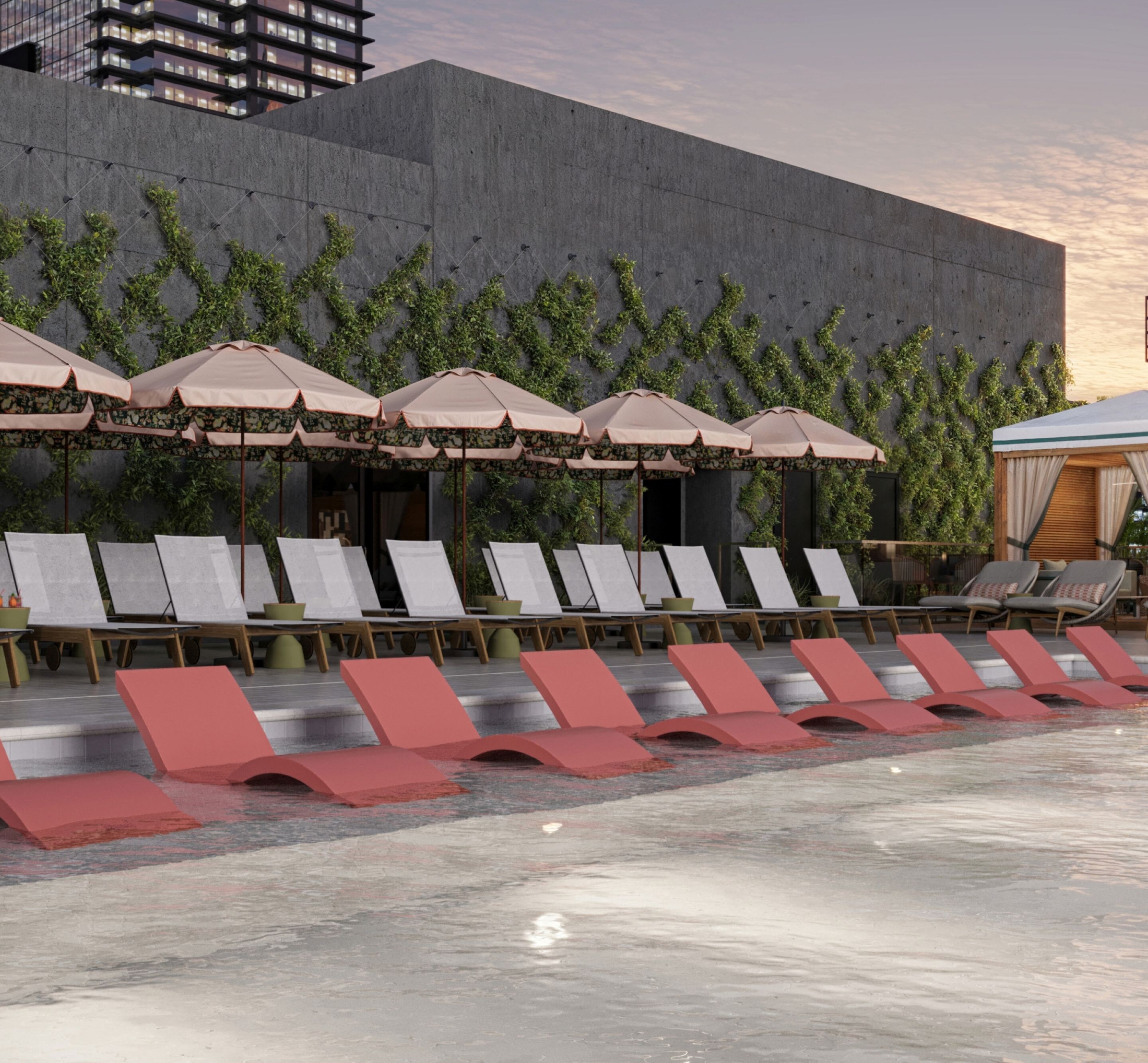 Chairs and cabanas surrounding an outdoor pool